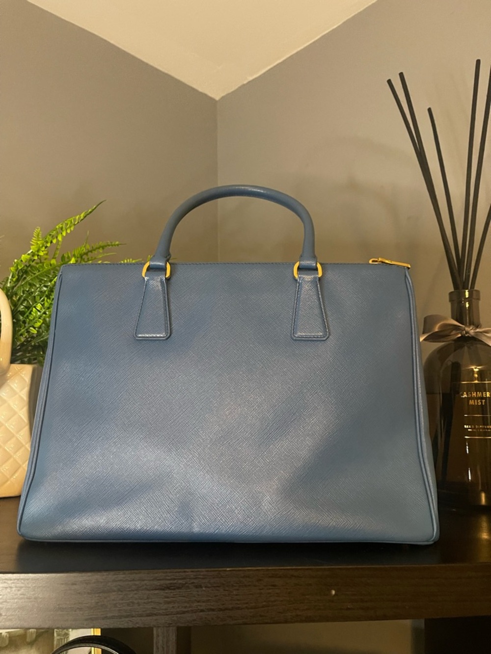 Prada Slate Blue Saffiano Leather Satchel with Gold Hardware - Picture 4 of 12